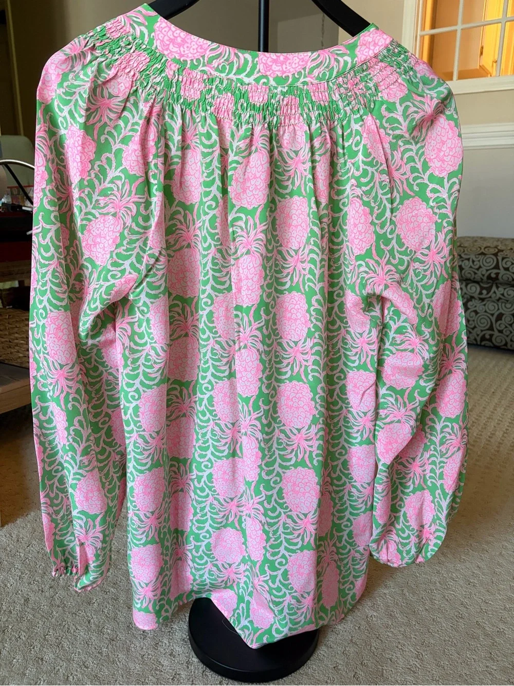 Lilly Pulitzer Pink & Green Floral Button-Front Puff Sleeve Blouse